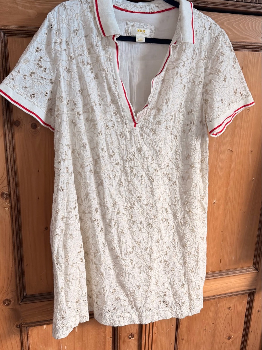 Anthropologie Cream Eyelet Mini Dress with Red Trim